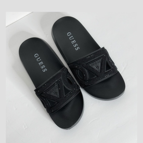 NWT Guess Payca Slides Black Rhinestone Sandals Open Toe Slip Ons Shimmer Sz 9 - Picture 13 of 13